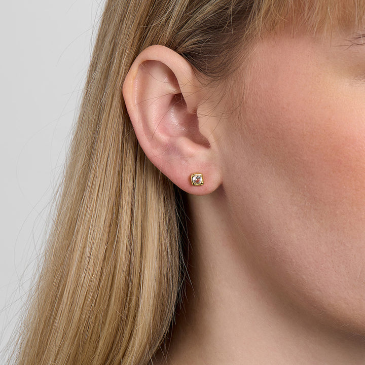 7217955_1M guldfarvet ørestik med firkantet klart stenmotiv vist på øre, Model 7217955_1M