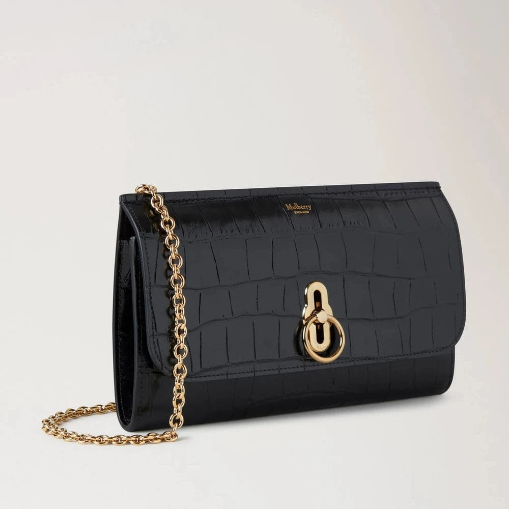 Mulberry Amberley Clutch Black Shiny Small Croc