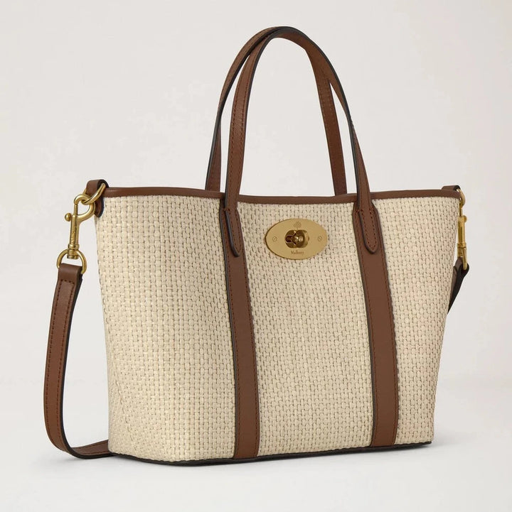 Mulberry Medium Lily taske i cremeflettet materiale med brune læderdetaljer, front, Model RL9075_000H709_4