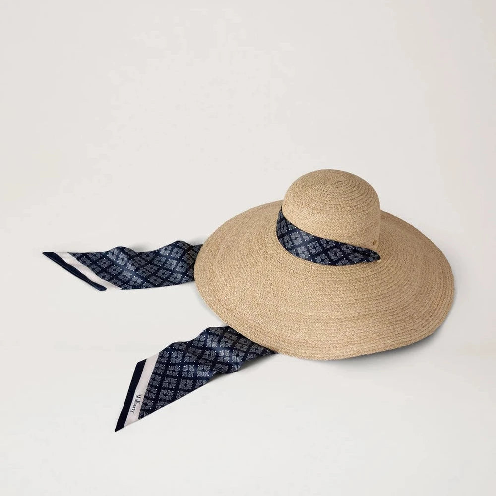 Mulberry Raffia Scarf Tie Sun Hat Beige 100% Raffia