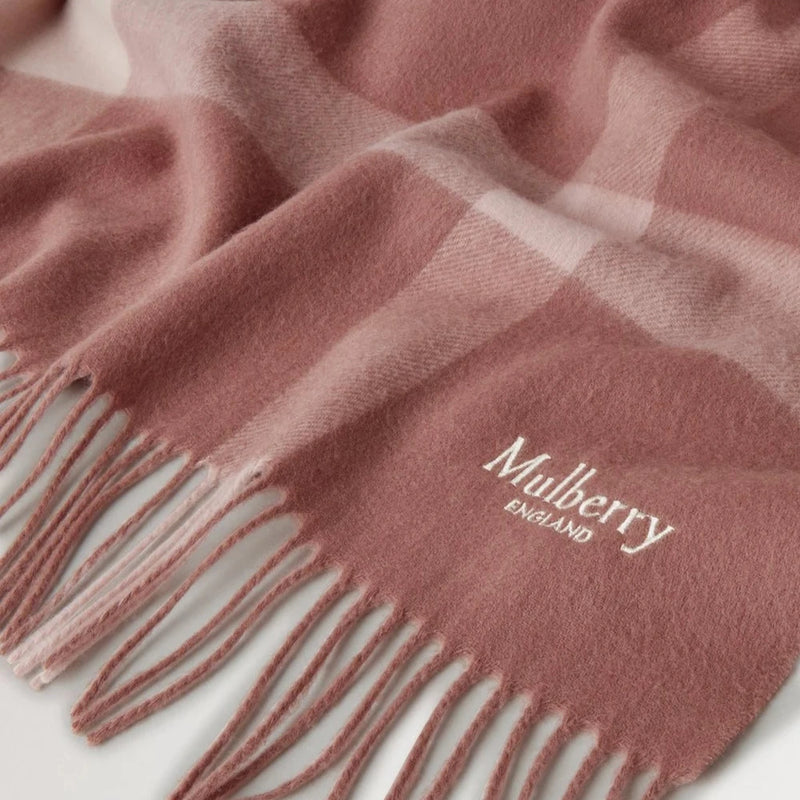 Mulberry Large Check Merino Wool Scarf Autumn Rose & Powder Rose Merino Wool