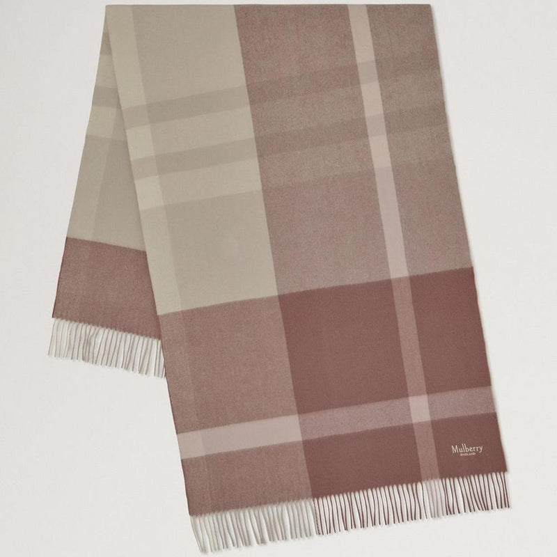 Mulberry Large Check Merino Wool Scarf Autumn Rose & Powder Rose Merino Wool