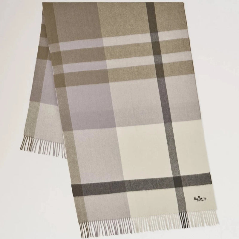 Mulberry Large Check Merino Wool Scarf Eggshell & Olive Merino Wool