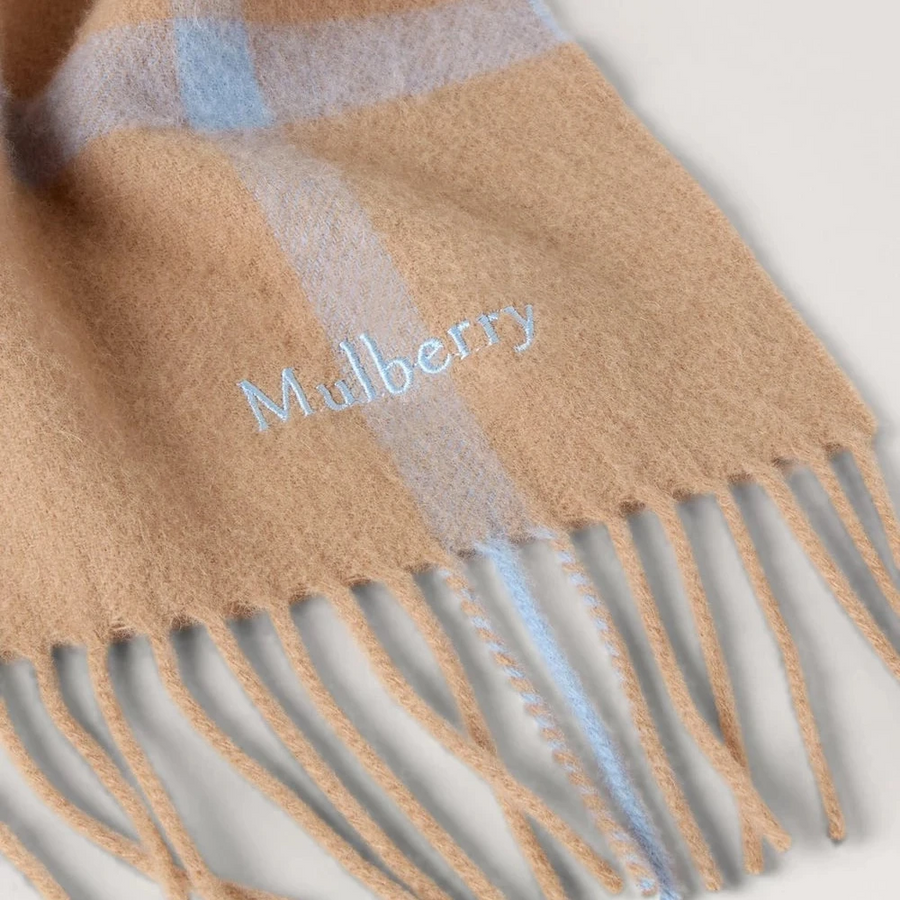 Mulberry Small Check Merino Wool Scarf Camel & Poplin Blue