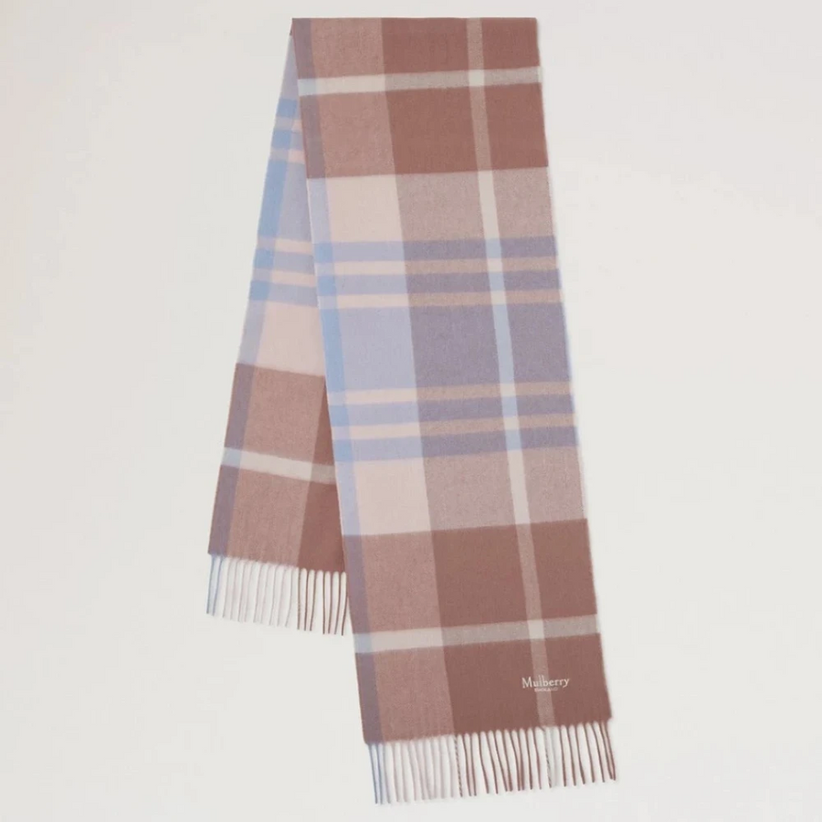 Mulberry Small Check Merino Wool Scarf Autumn Rose-Poplin Blue