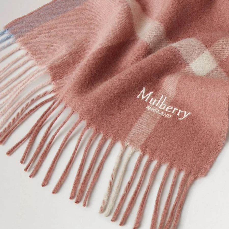 Mulberry Small Check Merino Wool Scarf Autumn Rose-Poplin Blue
