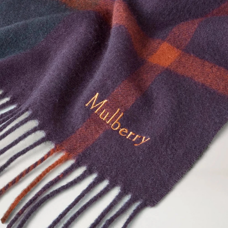 Mulberry Small Check Merino Wool Scarf Juniper Green & Deep Aubergine