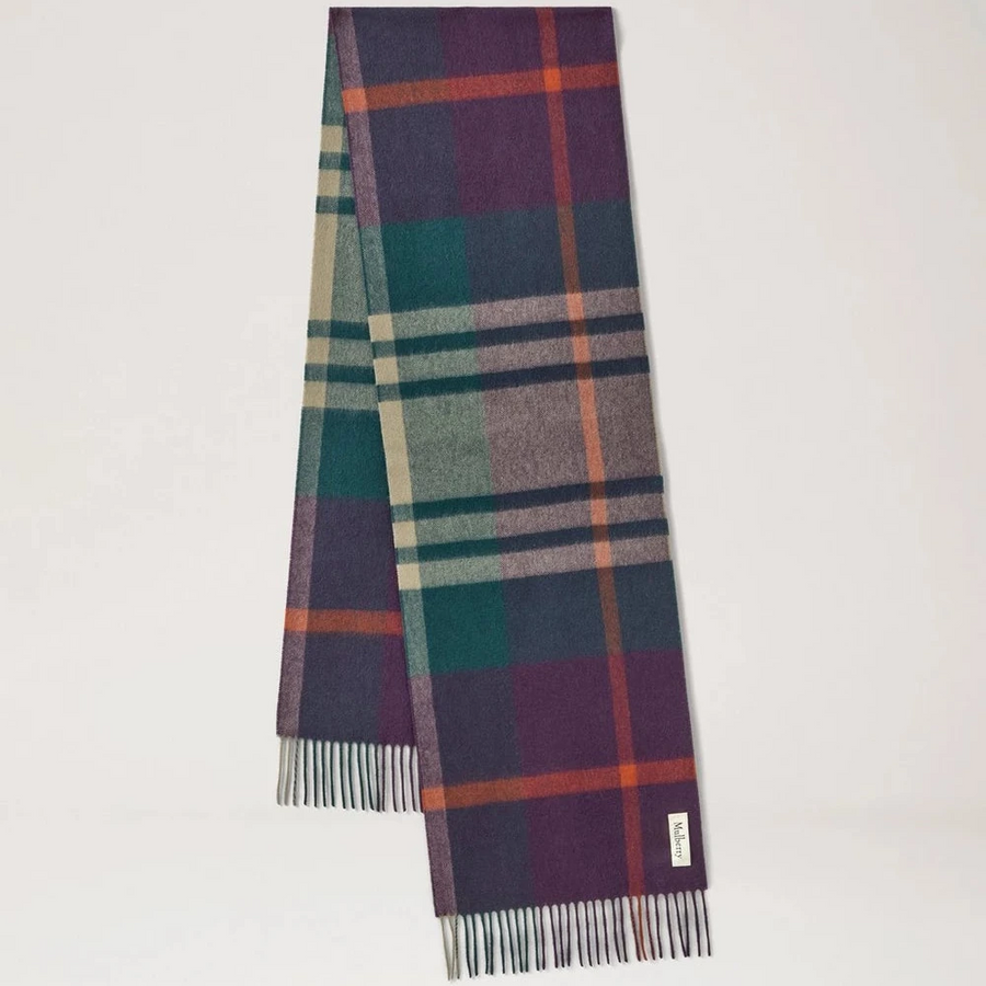 Mulberry Small Check Merino Wool Scarf Juniper Green & Deep Aubergine
