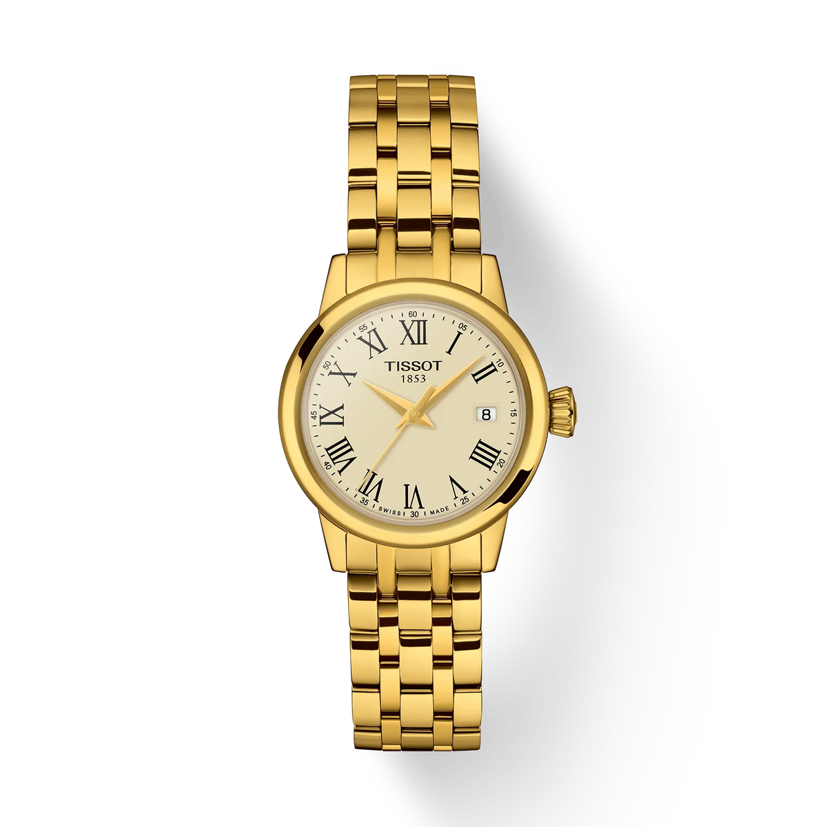 Tissot Classic Dream Lady viser et elegant armbåndsur i guldfarvet stål med romertal, Model T129.210.33.263.00