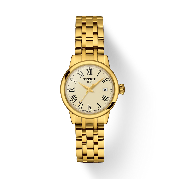 Tissot Classic Dream Lady viser et elegant armbåndsur i guldfarvet stål med romertal, Model T129.210.33.263.00
