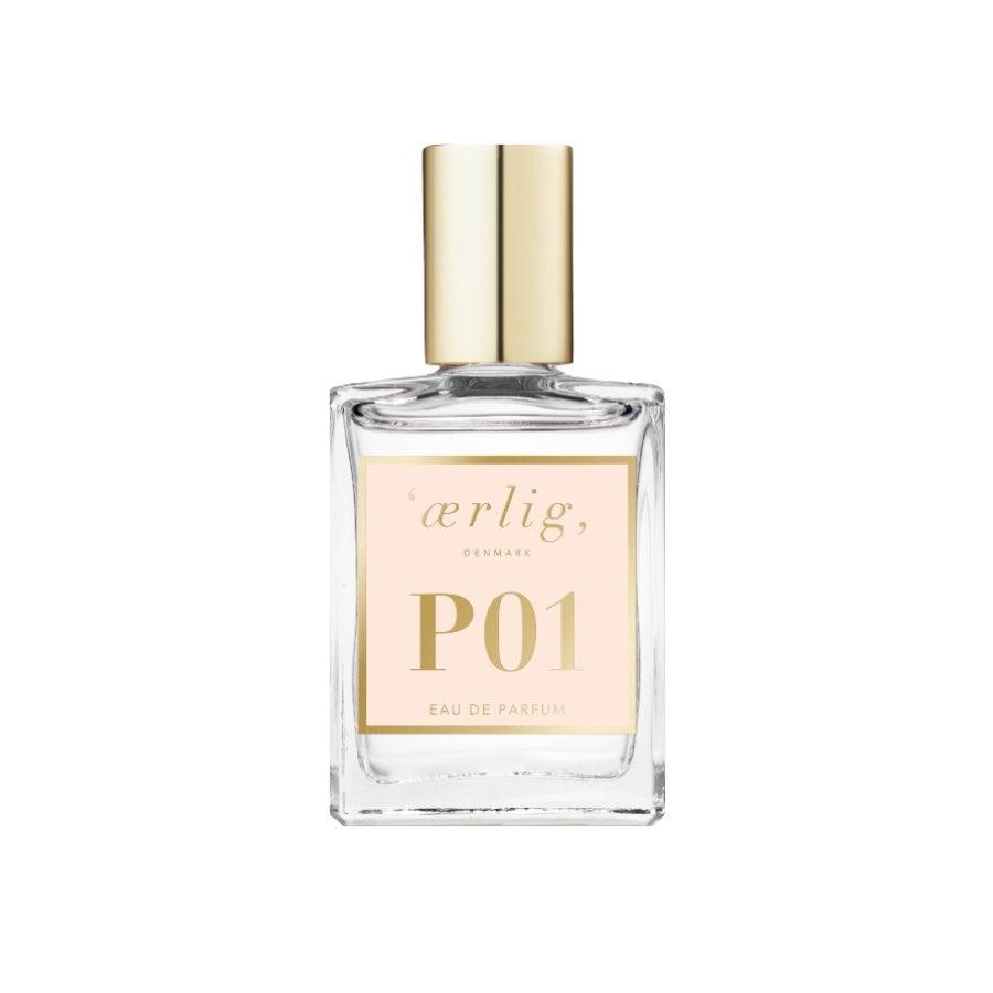 ærlig Eau De Parfume P01-15ml, elegant firkantet flakon med gylden hætte og lys etiket. Model P01-15ml-p01-t-1