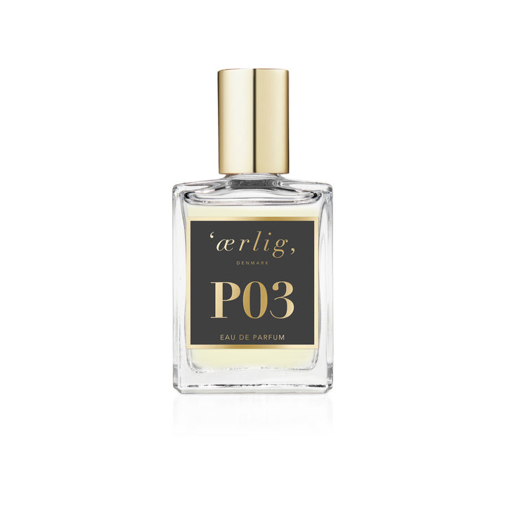 ærlig eau de parfum P03 15ml, klar firkantet flakon med gyldent låg, Model P03-15ml-p3-t-1