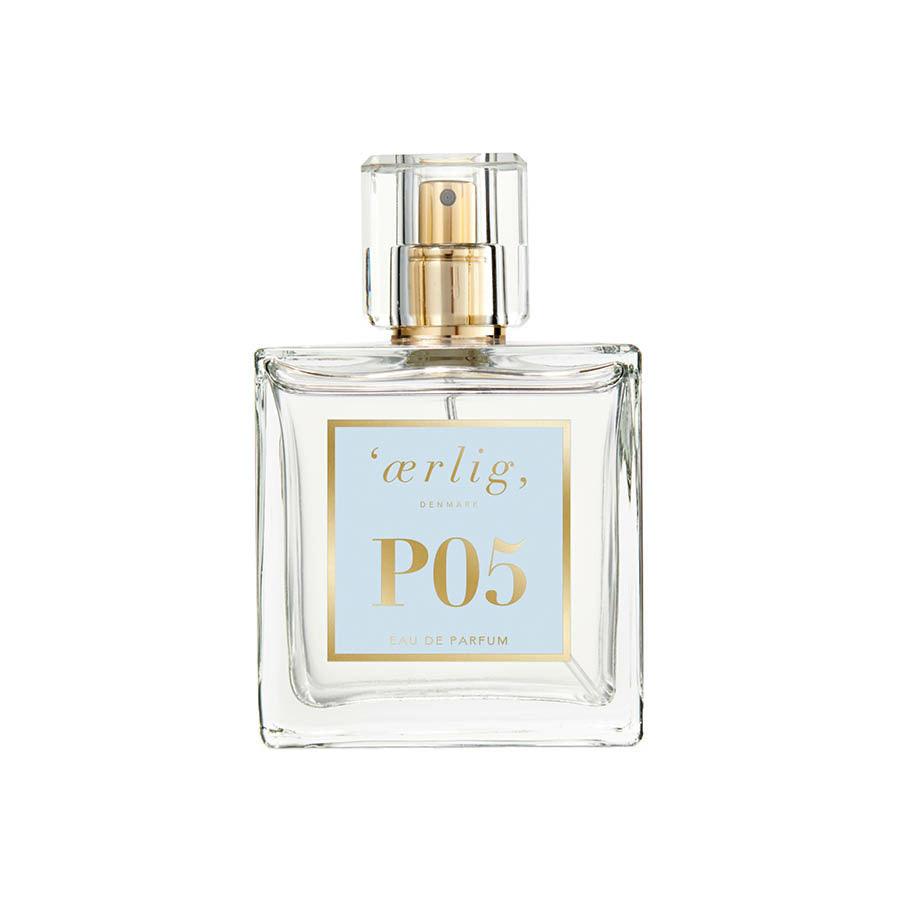 ærlig Eau de Parfume P05 100ml flakon med guld detalje, elegant og stilrent design. Model P05-1.