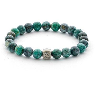Alexander Lynggaard Armband Dioptase 8mm med grønne sten og sølvfarvet perle, Model c01040-001-1.