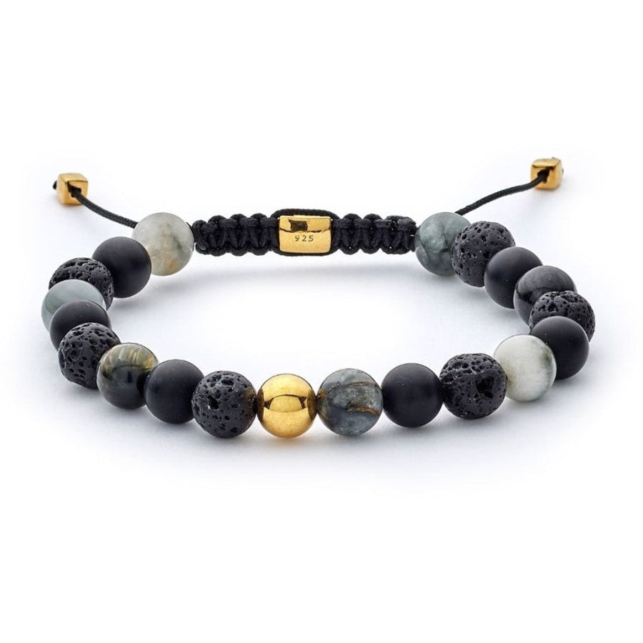 alexander-lynggaard-armband-stockholm-braided-8mm-b00143-1 viser fletarmbånd med sorte, grå og guldfarvede perler. Model B00143-1.