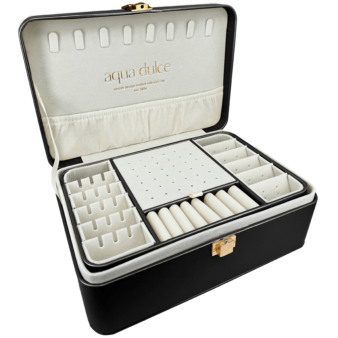 Aqua Dulce stor smykkeskrin i sort kunstlæder med åbent låg, flere rum og beige indtræk. Model 6070-1