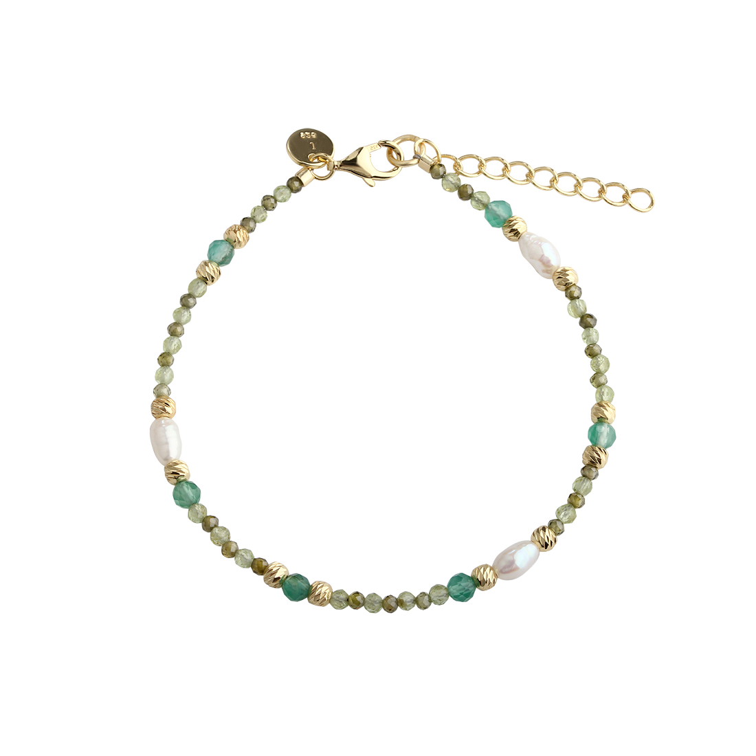 Aqua Dulce Verde Simple Armbånd i Forgyldt, elegant armbånd med grønne perler og forgyldte detaljer. Model 6705-1