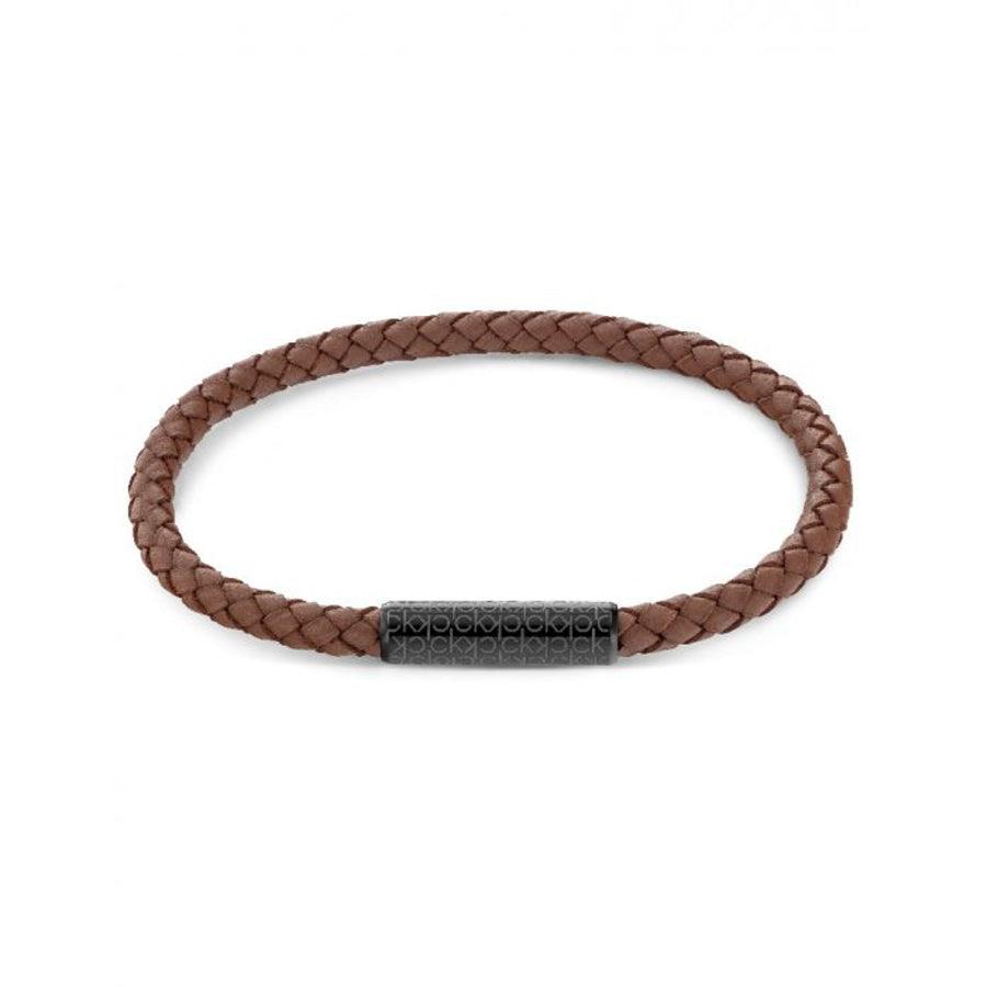 Calvin Klein Braided Bracelet 19,5cm brun læderarmbånd med sort mønstret lås, Model 7613272464062
