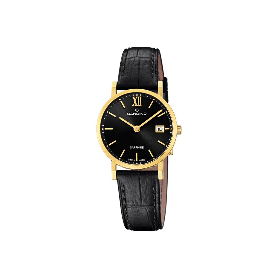 Candino Dameur Guld Double Sort Læder med sort urskive og guldfarvet urkasse, klassisk stil. Model C4727/3.