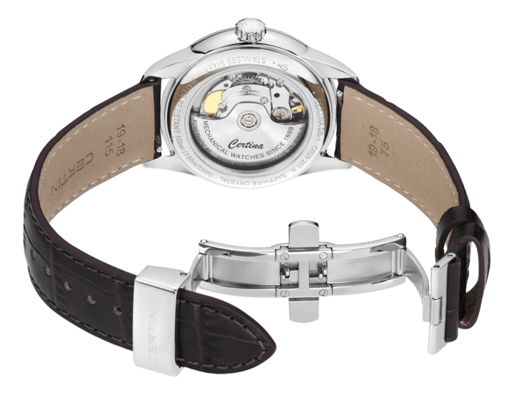 Certina DS-1 38mm grøn urskive Powermatic 80 med brun læderrem og gennemsigtig bagkasse, Model C0292071609100