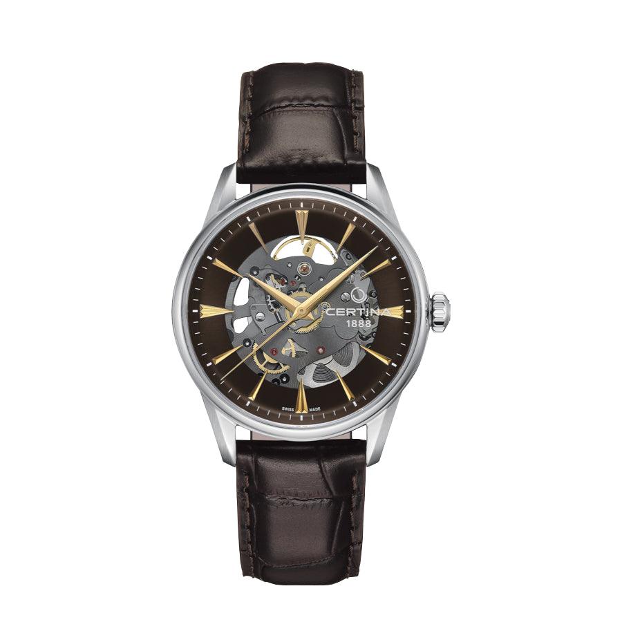 Certina DS-1 Skeleton C0299071608100 med brun læderrem og åben urskive i sølv og guld. Model C0299071608100