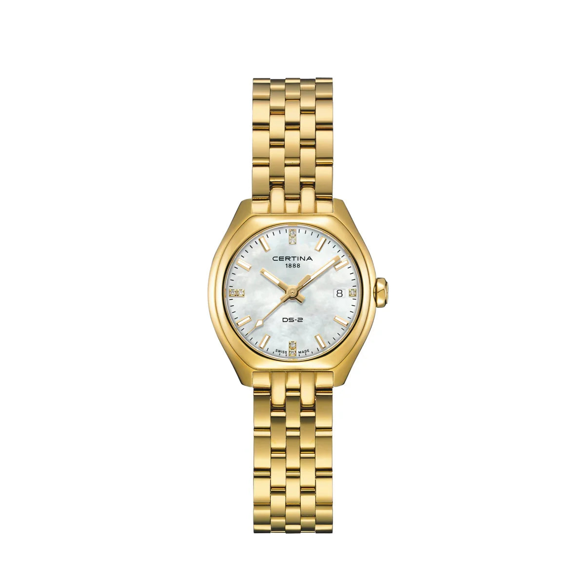 Certina DS-2 Lady Quartz guld PVD dameur med hvid perlemorsskive og datovisning. Model C0492103311600