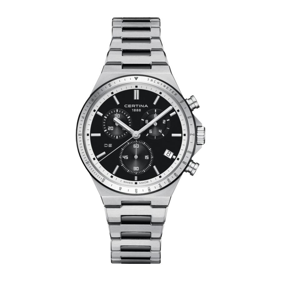 Certina DS-7 Chronograph sort urskive med sølvfarvet lænke og tydelige kronografer. Model C0434172205100