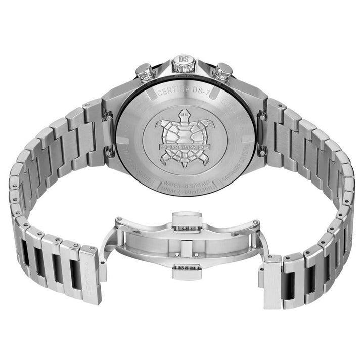 Certina DS-7 Chronograph sort PVD belægning 41 mm, bagkasse med skildpaddegravering og sølvlænke.