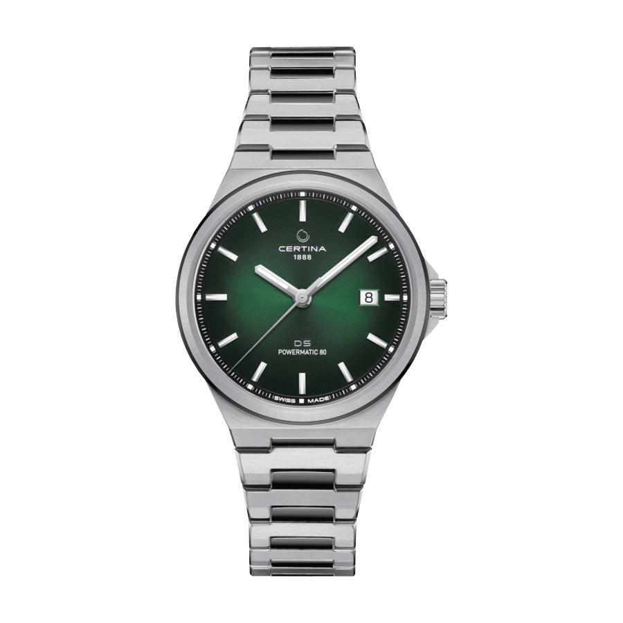 Certina DS-7 Powermatic 80 grøn PVD belægning 39mm viser et klassisk armbåndsur med grøn skive og stållænke. Model C0434072209100