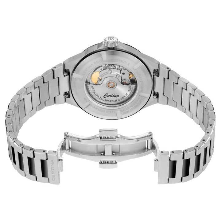 Certina DS 7 Powermatic 80 grøn PVD belægning 39mm vist bagfra med åben lænke og synligt automatisk urværk.