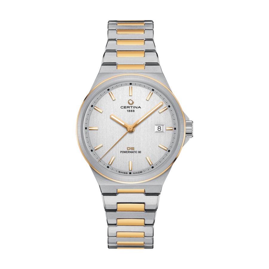 Certina DS-7 Powermatic 80 sølvfarvet ur med PVD-belægning og guldfarvede detaljer, Model C0434072203100