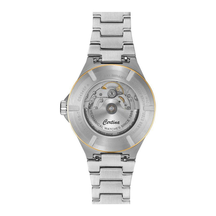 Certina DS-7 Powermatic 80 Solv PVD belægning 39mm, detalje af urværk og bagkasse i sølvstål. Model C0434072203100