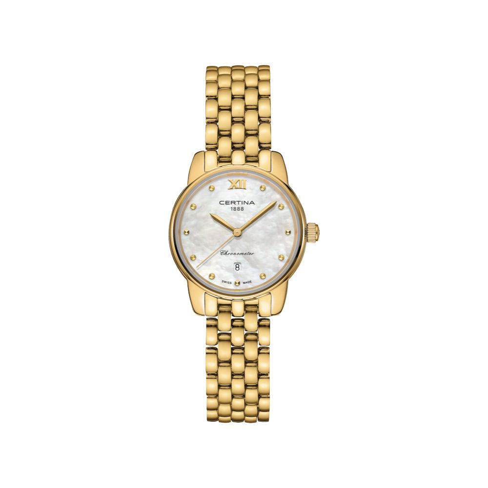 Certina DS-8 Dameur i PVD farvet guld med perlemorsskive, gulddetaljer og datovisning. Model C0330513311800