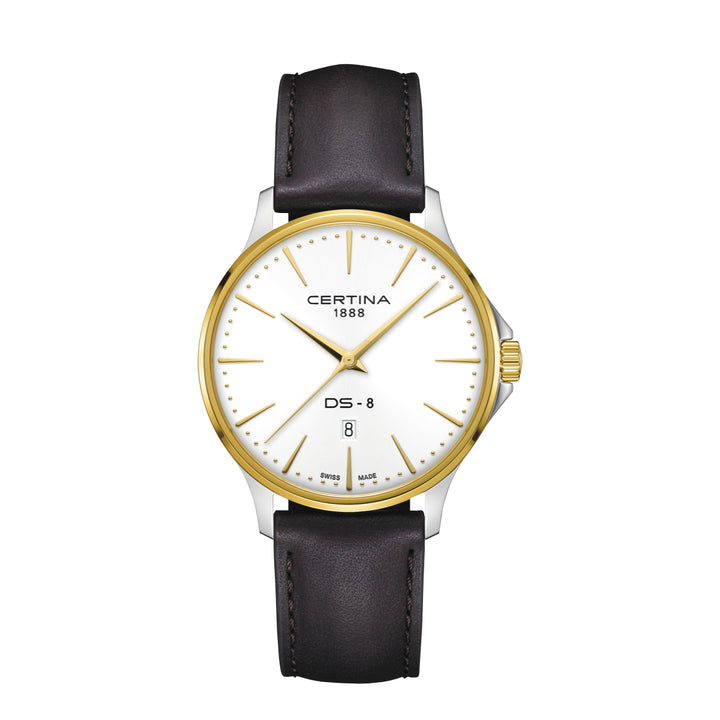 Certina DS-8 Gent 40mm m. brun læderrem viser elegant urkasse i guldlook og hvid urskive. Model C0454102603100