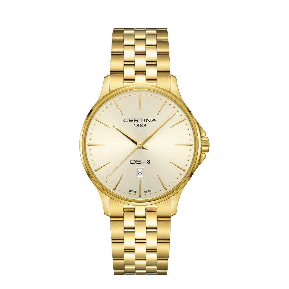 Certina DS-8 Gent Guld PVD 40mm med gylden urskive og datovisning, Model C0454103336100.