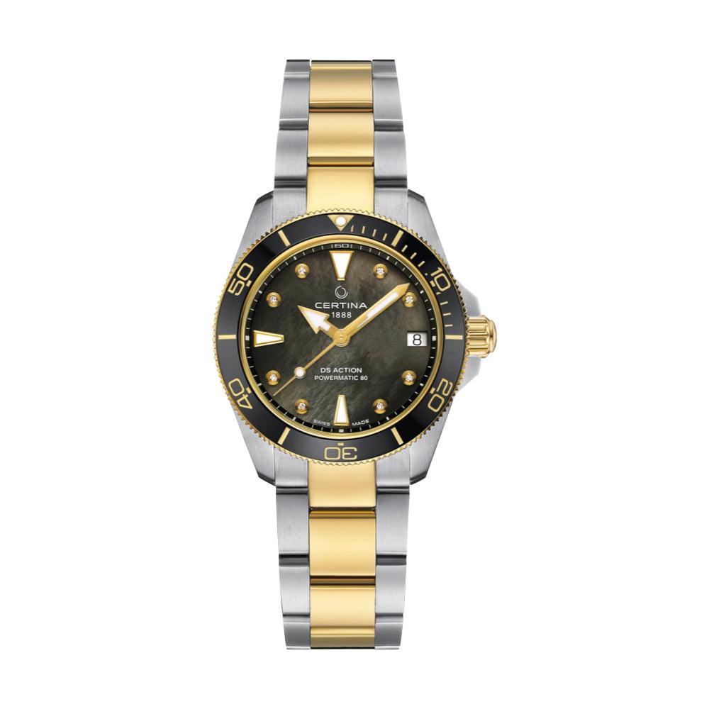 Certina DS Action 34.5mm Powermatic 80 M Diamanter, tofarvet ur med sort perlemorsskive og diamantmarkeringer. Model C0320072212600