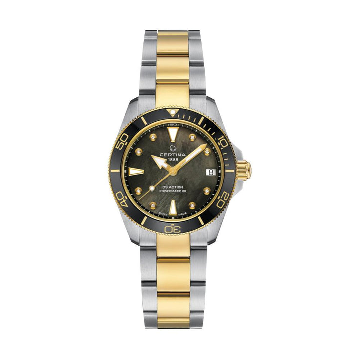 Certina DS Action 34.5mm Powermatic 80 M Diamanter, tofarvet ur med sort perlemorsskive og diamantmarkeringer. Model C0320072212600