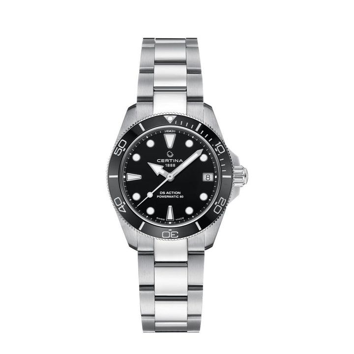 Certina DS Action 34.5mm Powermatic 80 sort ur med stål lænke, rund urskive og sorte detaljer. Model C0320071105100
