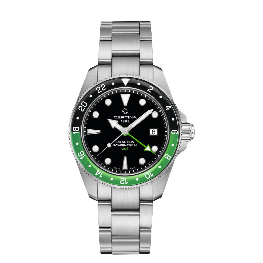 Certina DS Action GMT Powermatic 80 med sort urskive, grøn lynette og stållænke. Model C0329291105100.