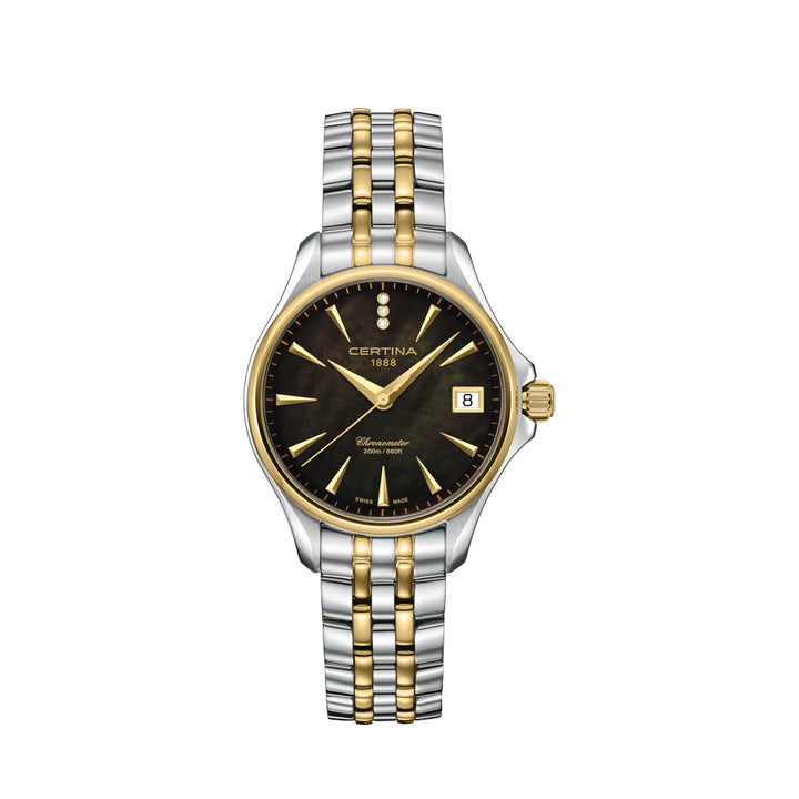 Certina DS Action Lady Diamonds med sort perlemorsskive, guld og stål detalje. Model C0320512212601