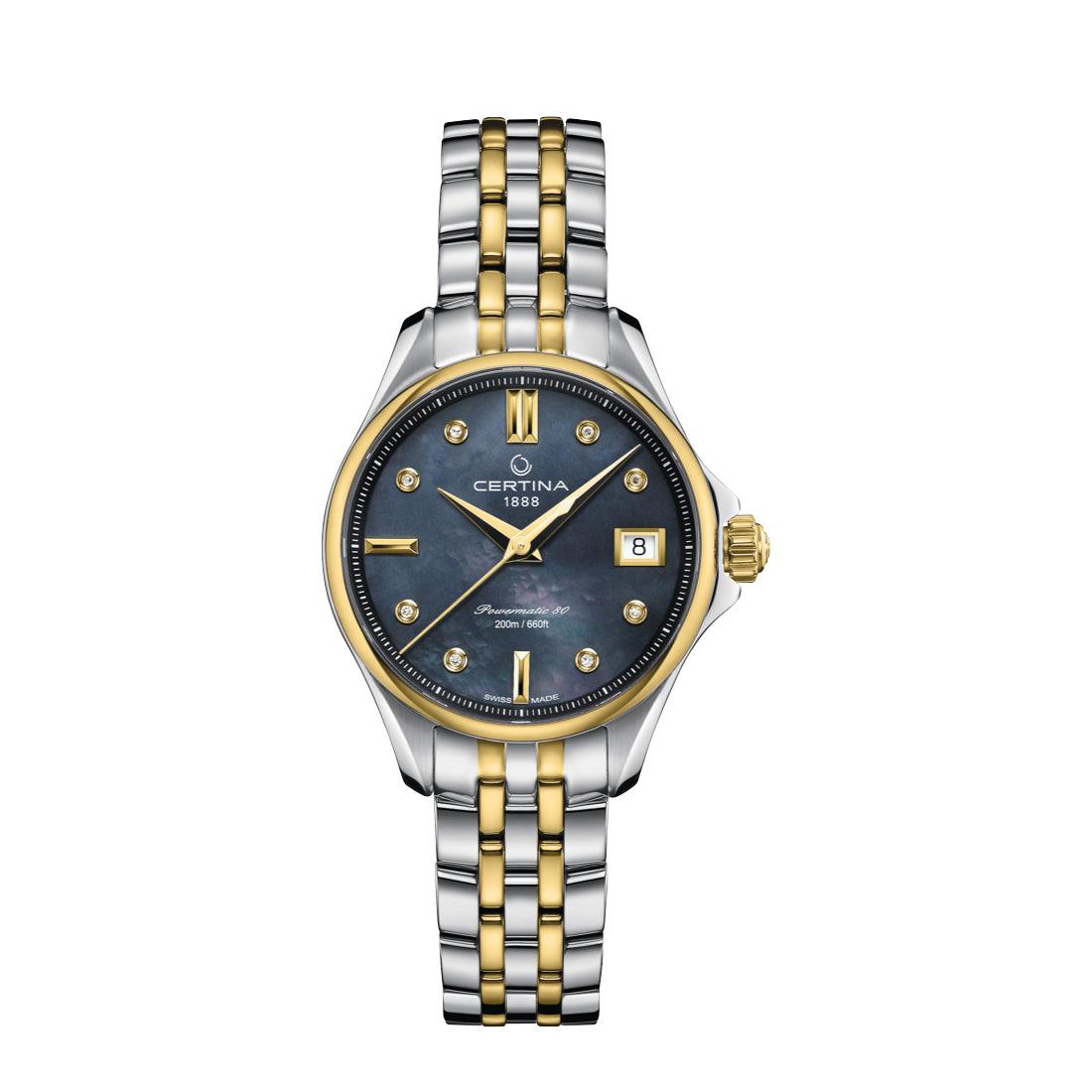 Certina DS Action Powermatic 80 dameur med sort perlemor urskive og tofarvet stållænke. Model C0322072212600