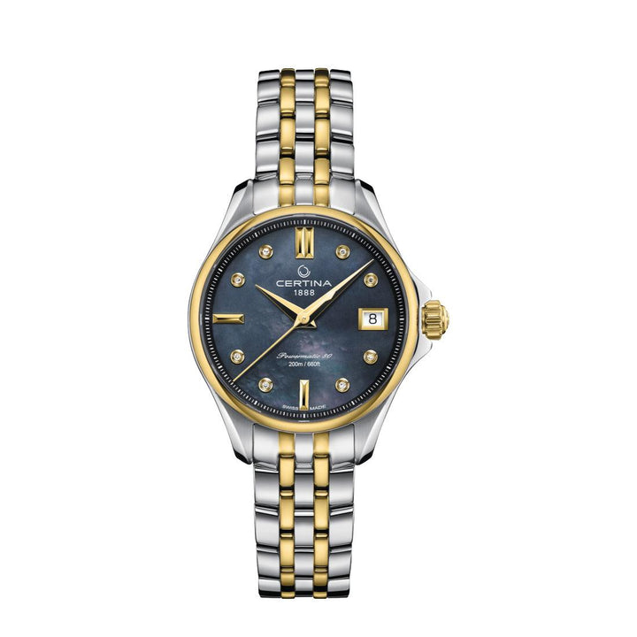 Certina DS Action Powermatic 80 dameur med sort perlemor urskive og tofarvet stållænke. Model C0322072212600