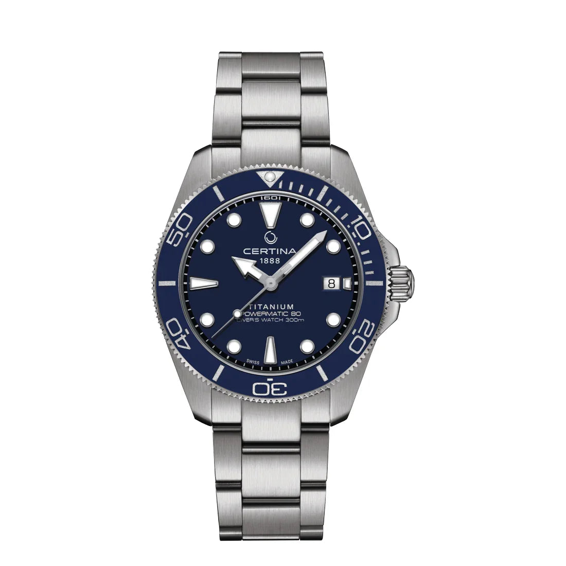 Certina DS Action Titanium Powermatic 80 ur med blå skive og sølvfarvet titaniumsrem, Model C0484074404100.