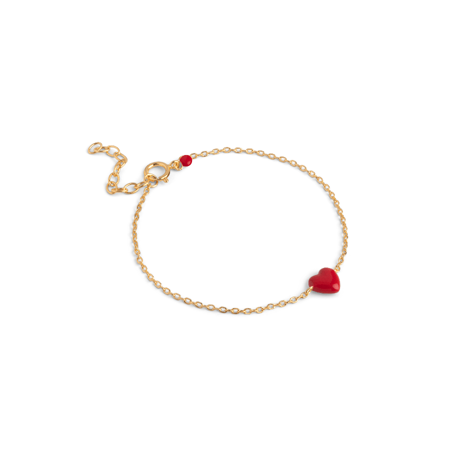 enamel amore bracelet red i forgyldt sølv armbånd med rødt hjerteemalje og kædelukning. Model b141g-red-1