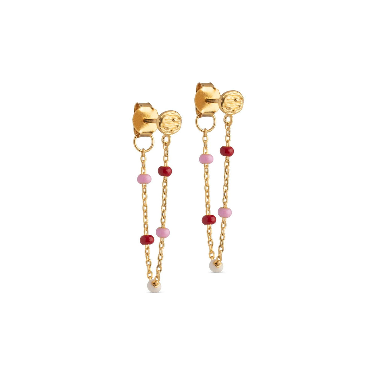 Enamel Lola Rosie Øreringe med guldfarvet kæde og små rosa og røde perler, Model E140GM-ROSIE.