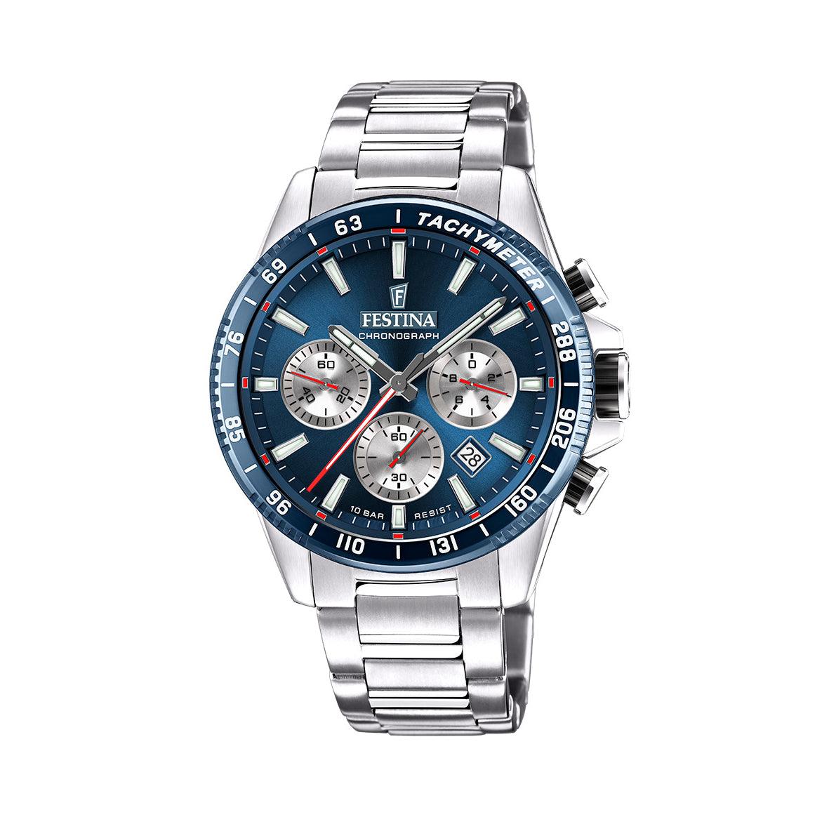 Festina Chrono Sport Herreur med blå urskive, sølvfarvet stållænke og tre subdials. Model 205602-205602-1.