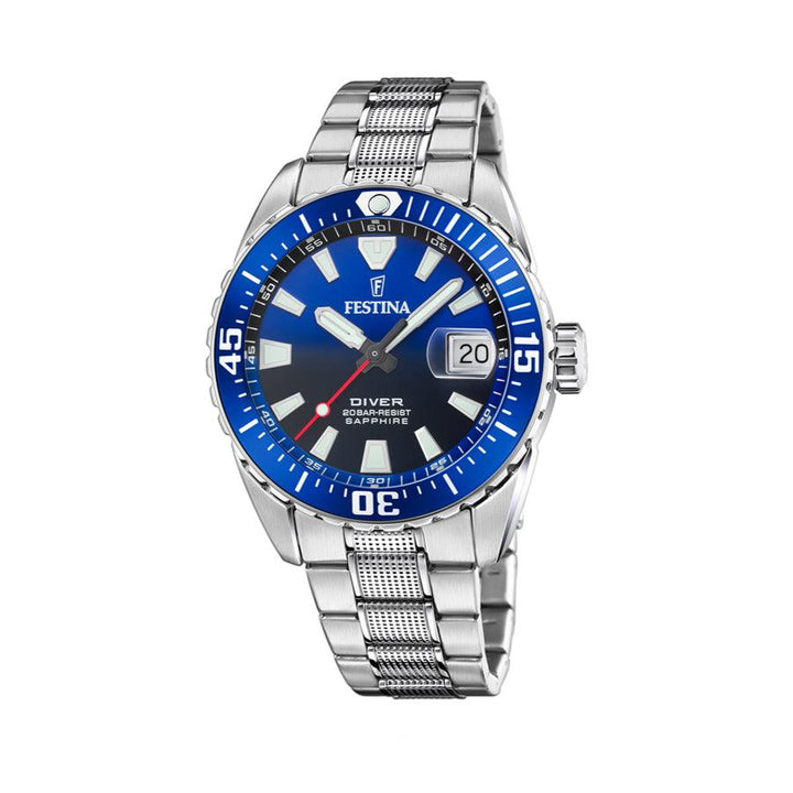Festina-herreur Diver F206691 med blå urskive, stålkasse og sølvfarvet lænke. Model F206691-1.