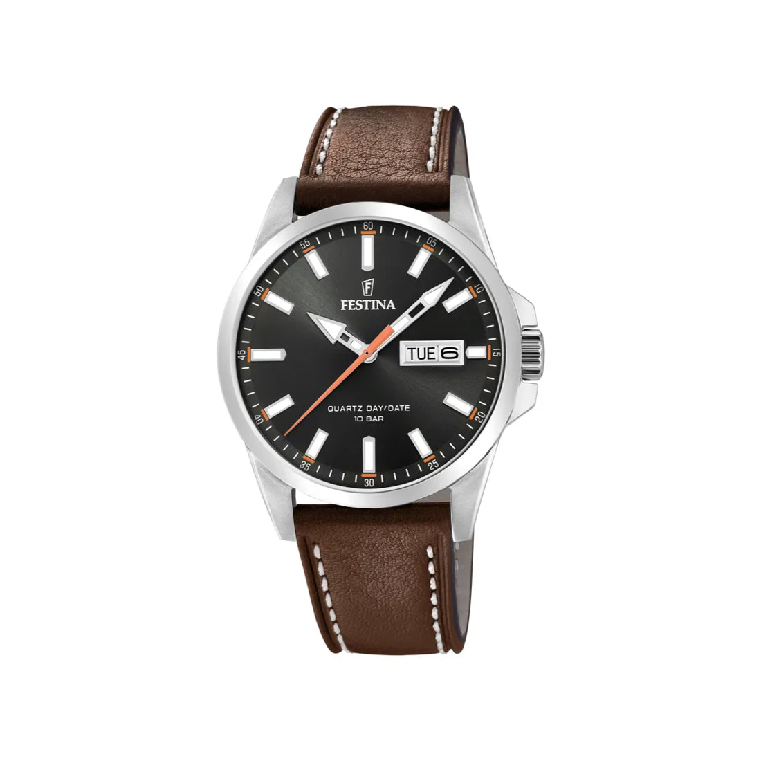 Festina Herreur F20358/2 med sort skive, dag-dato visning og brun læderrem. Model F20358/2.