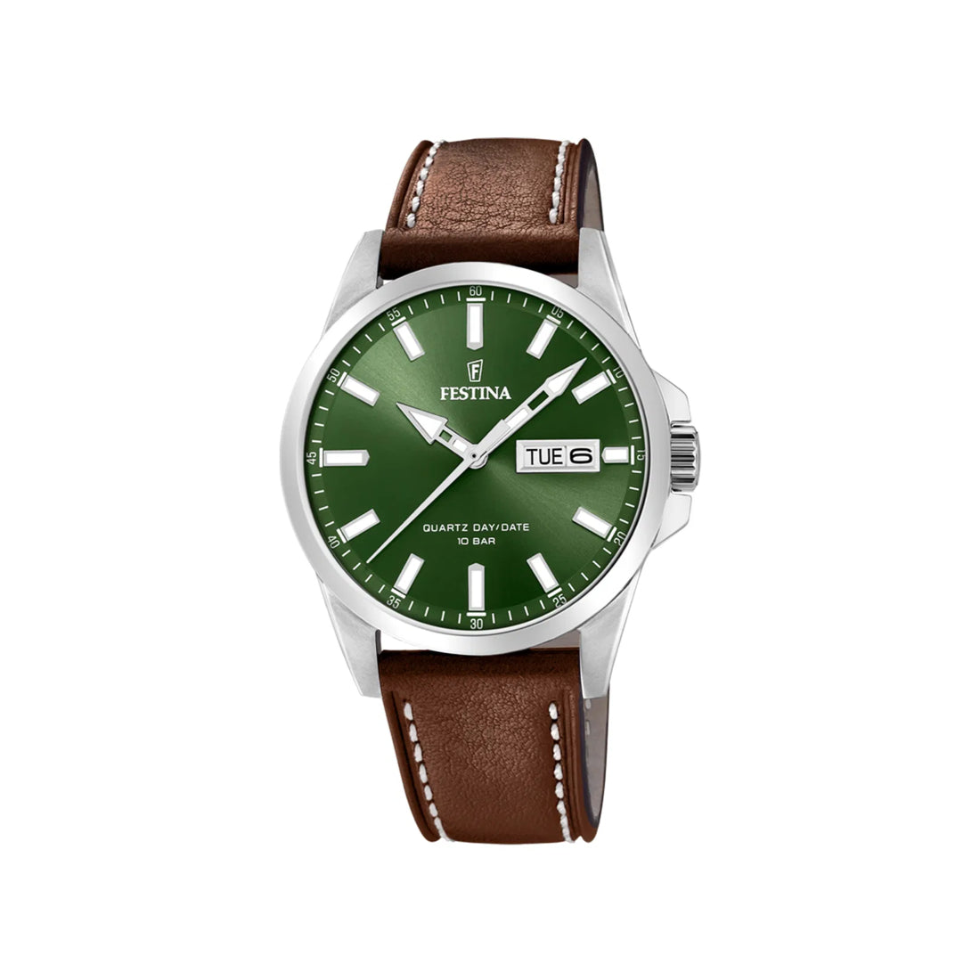 Festina herreur F20358/5 med grøn urskive og brun læderrem, dag- og datovisning. Model F20358/5