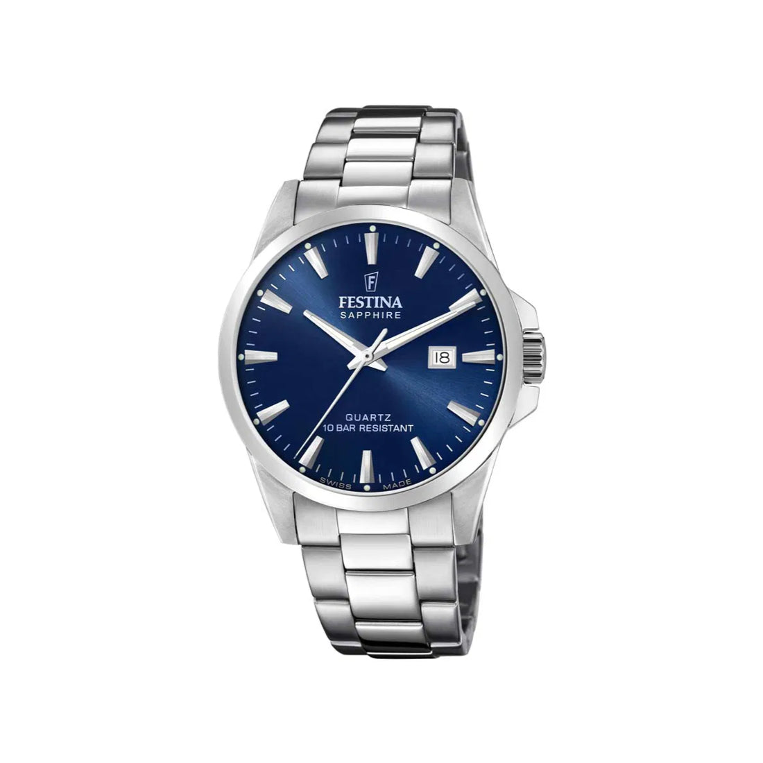 Festina Swiss Made Herreur F200243 med blå urskive og sølvfarvet stållænke vises fritlagt. Model F200243-1.